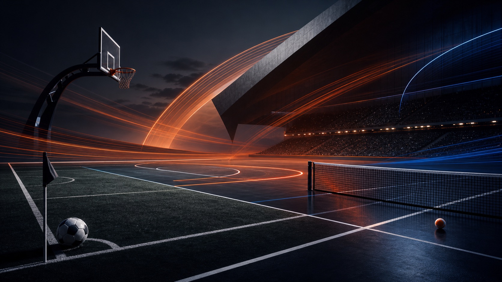 Futbol, basketbol ve tenis saha çizgilerini tek arenada buluşturan koyu tonlu spor kompozisyonu
